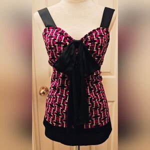 Y2K Ann Taylor Geometric Babydoll Tank Top w Bow Detail.